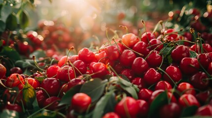Obraz premium Vibrant Fresh Red Cherries Gathered Under Warm Sunlight in Orchard