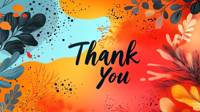 A vibrant and colorful background featuring leaves and abstract shapes with a heartfelt 'Thank You' message, perfect for expressing gratitude in designs or artwork.
