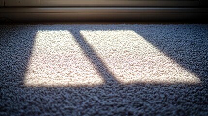 Sunlight streams through window onto fluffy carpet, creating two distinct light beams.