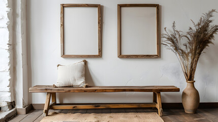 Wooden rustic bench near white wall with two frames. Farmhouse, country, boho interior design of modern home entryway, hall