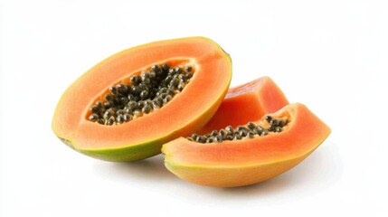 Fresh ripe papaya halves with seeds on white background