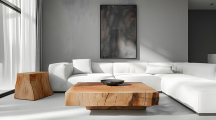 Wooden square coffee table near white sofa in room with grey wall with art poster. Minimalist elegant home interior design of modern living room