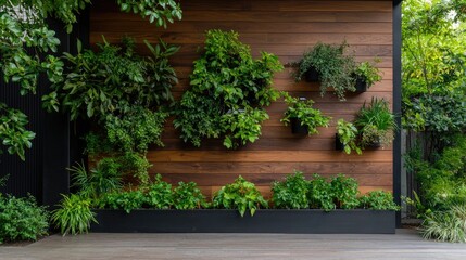 Fototapeta premium Modern outdoor vertical garden on wood wall