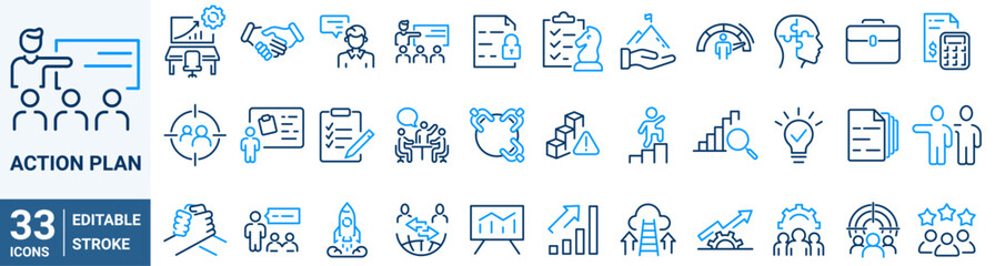 Strategy and action line icons. Containing planning, schedule, analysis, tasks, goal.