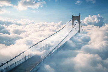 Fototapeta premium Elevated view of a bridge emerging from clouds at sunrise over a mountainous landscape
