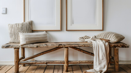 Wooden rustic bench near white wall with two frames. Farmhouse, country, boho interior design of modern home entryway, hall