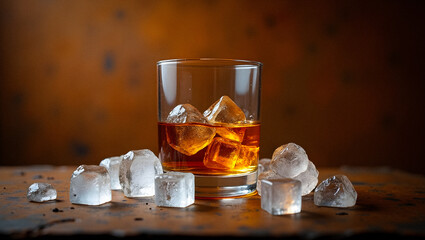 Whiskey in glass near of ice, The background is a warm, rough-hewn rusty metal, vintage Photograph