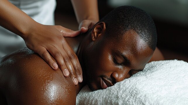 Man receiving relaxing shoulder massage at spa