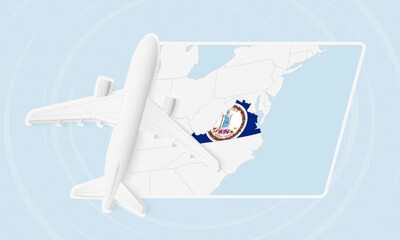 Virginia Travel Illustration with Plane and National Flag. Airplane Flying Over Virginia Map.