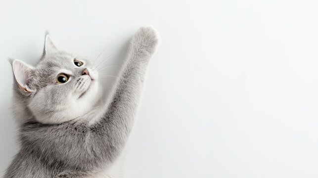 Gray cat reaching playfully upward, extending soft paw against white background. Curious feline displaying elegant posture with alert, inquisitive expression