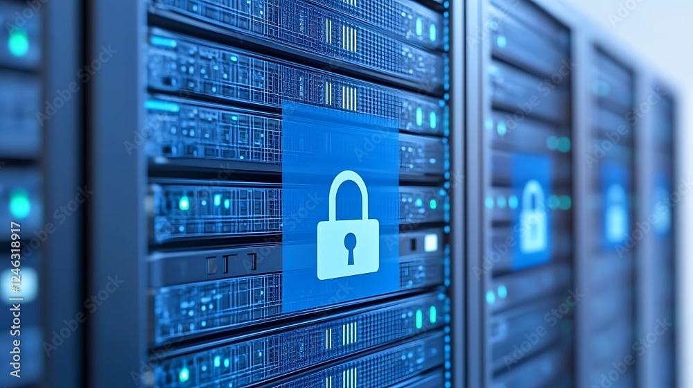 Poster secure data storage system with digital lock symbol on server racks inside a modern data center envi