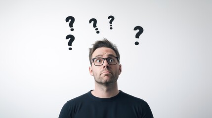 Thoughtful young man with glasses gazing upward, surrounded by floating question marks representing mental exploration and decision making complexity