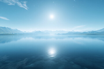 Fototapeta premium Breathtaking cosmic landscape featuring serene water and distant mountains during twilight