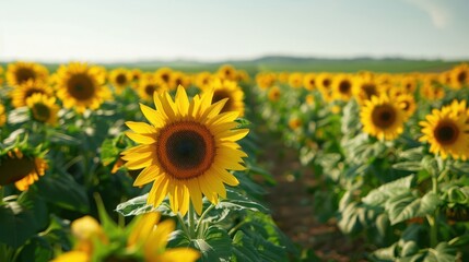 Fototapeta premium Vibrant sunflower field under a clear sky with distant hills and lush greenery in the background