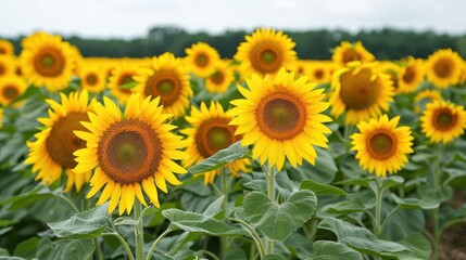 Obraz premium Vibrant sunflower field under a cloudy sky, showcasing nature's beauty and tranquility
