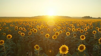 Obraz premium Vibrant sunflower field at sunset, showcasing blooming flowers and serene landscape