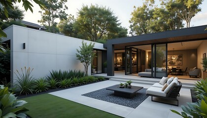 A modern house’s backyard with sleek landscaping, lush greenery, and a cozy outdoor seating area, perfect for relaxation.