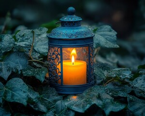 Vintage Lantern with Flickering Candle Amidst Ivy Vines in Misty Garden