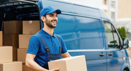 Delivery worker carrying boxes from blue van in urban setting during daylight hours