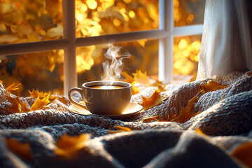 Steaming cup of coffee with latte art on a cozy blanket surrounded by autumn leaves, warm sunlight streaming through the window