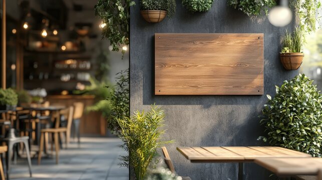 Charming Blank Wooden Signboard Displayed Outside a Cozy Caf&eacute; Surrounded by Lush Greenery and Rustic D&eacute;cor for Attractive Visual Appeal