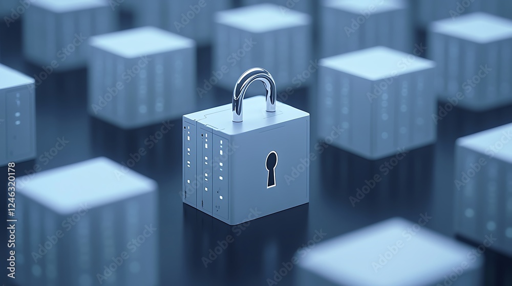 Poster secure lock amidst data storage blocks representing cybersecurity and data protection concepts