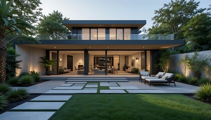 A modern house’s backyard with sleek landscaping, lush greenery, and a cozy outdoor seating area, perfect for relaxation.