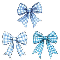 Blue Gingham Bow Set - Cute Ribbon Clipart Vector Illustration