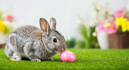 Naklejka premium Cute gray rabbit playing with a pink Easter egg on green grass with flowers in the background during springtime