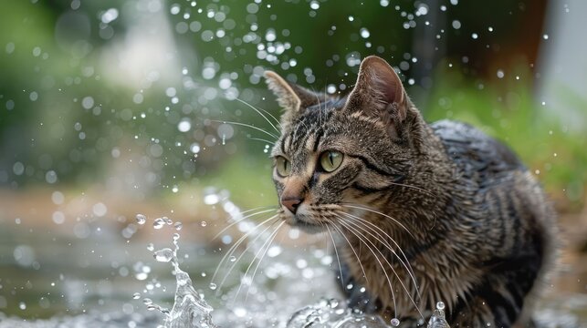 A curious cat exploring a splashing puddle in a lush garden, surrounded by greenery