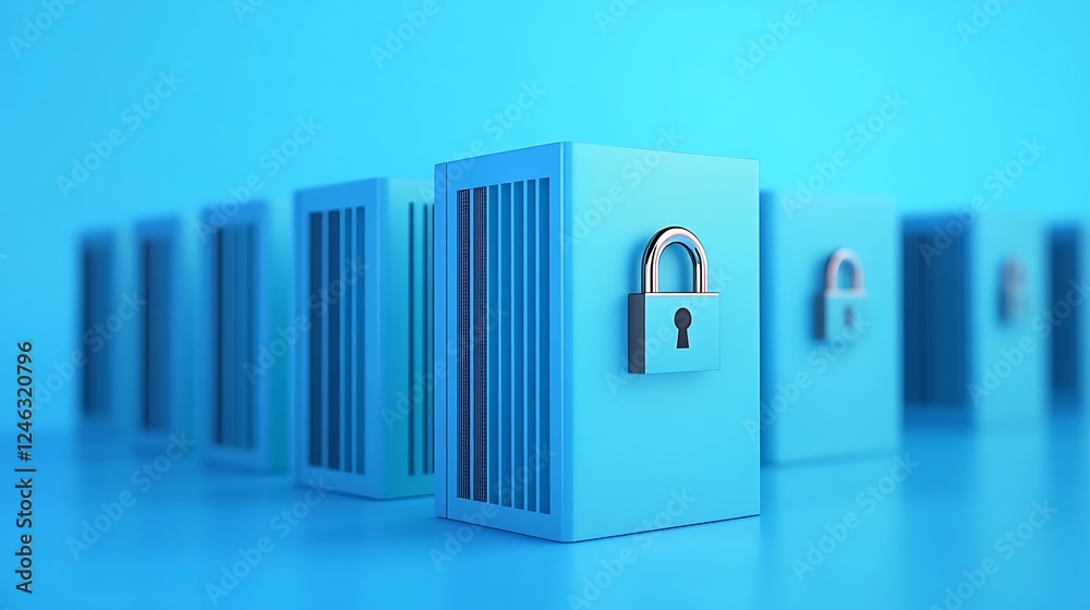 Poster secure lock system on blue data storage units with a focus on cybersecurity and data protection them