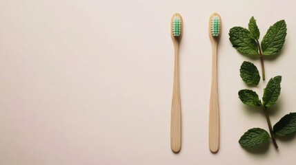 Eco-friendly Bamboo Toothbrushes with Fresh Mint Leaves