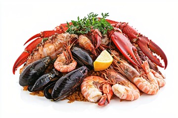 Seafood Delight Featuring Lobster Shrimp Mussels and Lemon on a Bed of Rice in a White Background