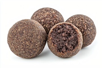 Delicious homemade chocolate energy balls on white background healthy snack raw vegan dessert