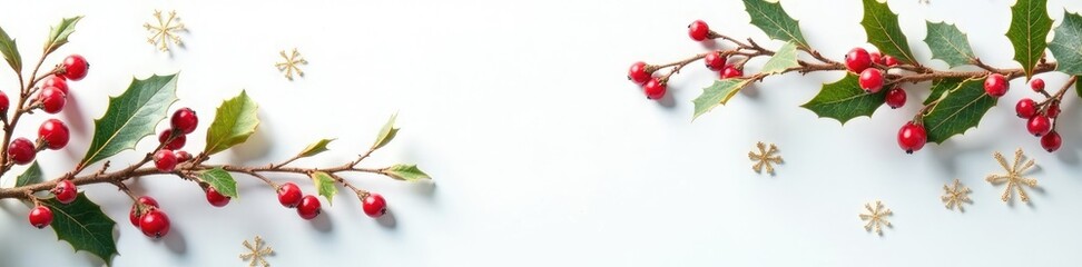 Obraz premium Tiny golden holly sprigs scattered against the pristine white backdrop showcasing red and crimson berry hues, Christmas decorations, berries, snowy