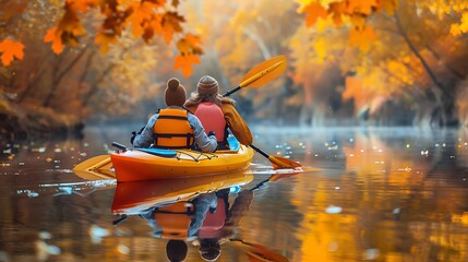 Friends paddling together in a tandem kayak on a tranquil river, surrounded by vibrant autumn foliage reflecting in the water.