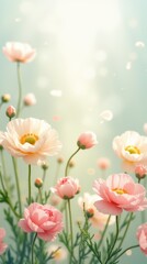 Softly lit ranunculus flowers in shades of pink and white, creating a dreamy, ethereal scene.