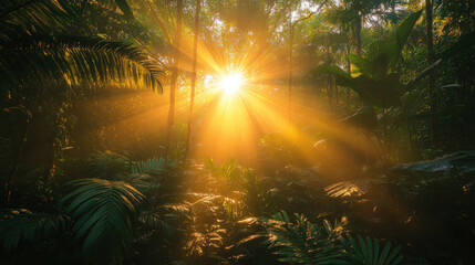 Nature backgrounds with golden sunlight streaming through a dense forest canopy