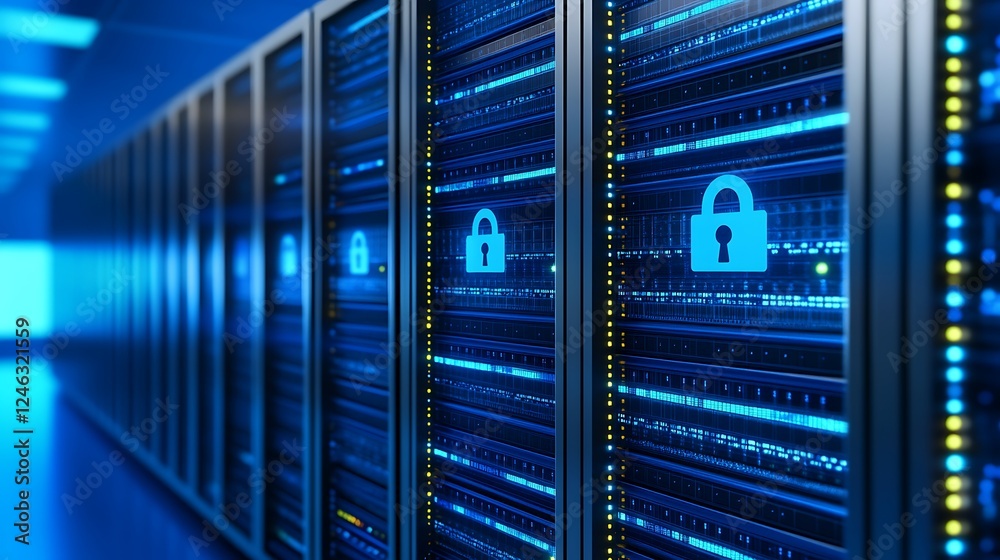 Poster server room with data security concept featuring locked server racks in modern data center environme