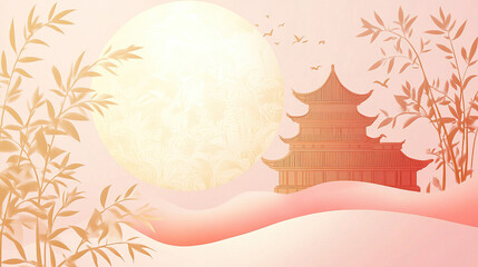 Obraz premium Ancient Chinese architecture with golden lines and bamboo leaf background