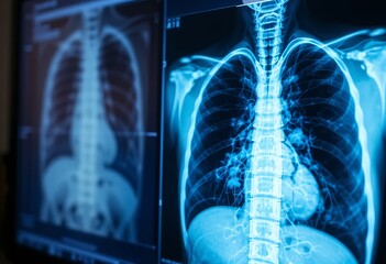 Close-up of a chest X-ray image showing detailed views of lungs and spine on a medical monitor.