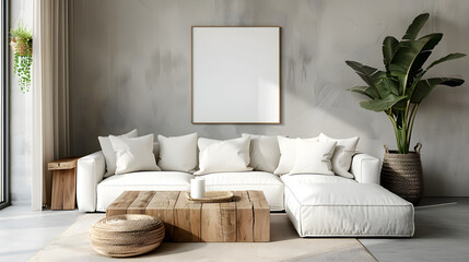 Wooden square coffee table near white sofa in room with grey wall with art poster. Minimalist elegant home interior design of modern living room