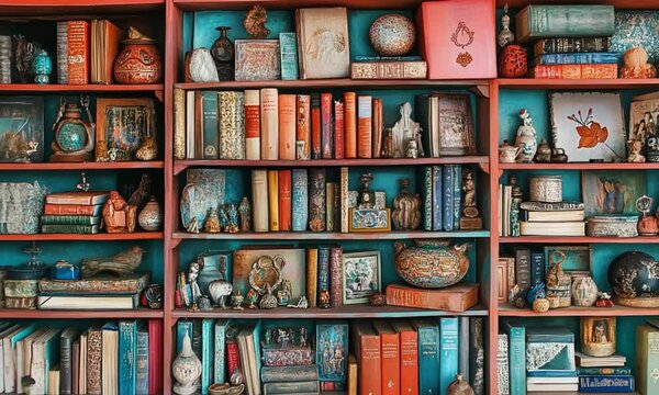 A richly adorned bookshelf filled with antique books, figurines, and artifacts.