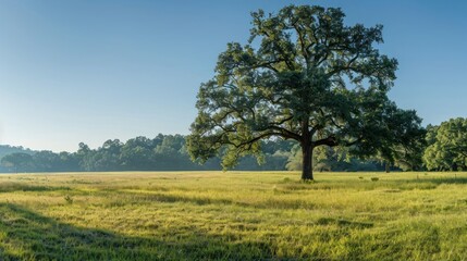 Obraz premium Majestic oak tree standing alone in a serene green meadow under a clear blue sky at sunrise