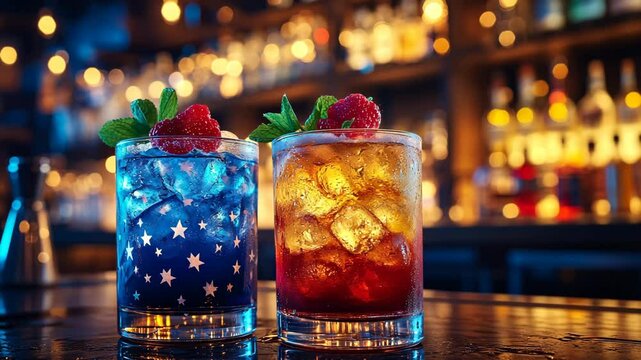 Vibrant Cocktails at Bar. Blue and amber drinks with raspberry garnish. Refreshing. Nightlife beverages for party, celebration, summer vibes.