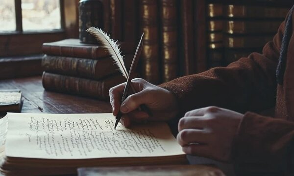 A person meticulously writes in an antique journal using a quill pen in a dimly lit study.