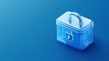 Transparent blue storage box with lock icon on vibrant blue background, representing security and protection