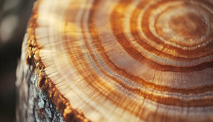 Detailed close-up of a tree trunk cross-section, showcasing intricate growth rings and textures.  Perfect for nature, design, or woodworking themes.
