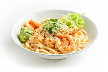 Delicious udon noodle bowl with shrimp wasabi and fresh greens on a clean white background