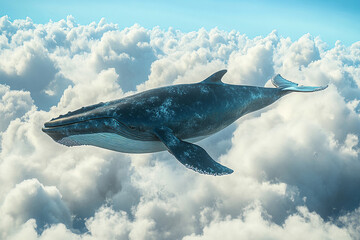 Majestic flying whale glides effortlessly among fluffy white clouds in a breathtaking sky